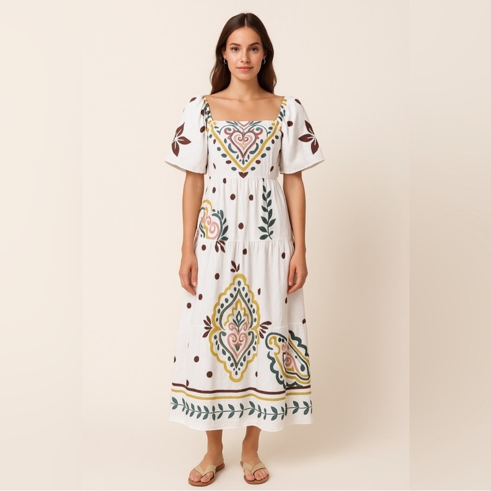 Meadow Rhodes Cotton Elegant White Bohemian Maxi Dress